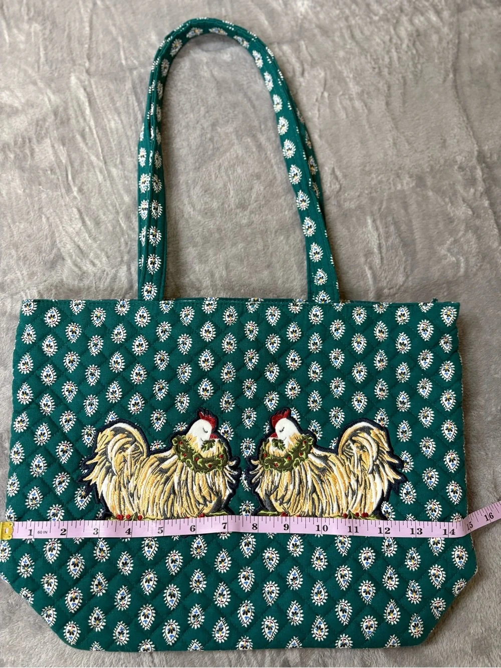 Vera Bradley Green Patterned Tote Bag with Embroidered Roosters